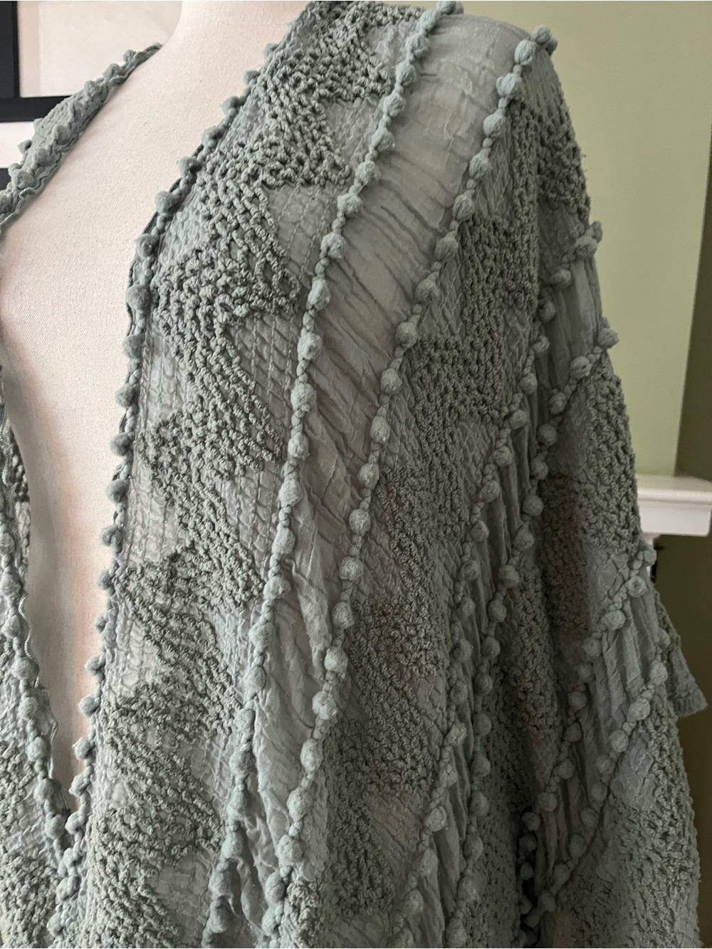 Sage Green Pom Pom Kimono Wrap | Textured Open Front - Picture 3 of 7